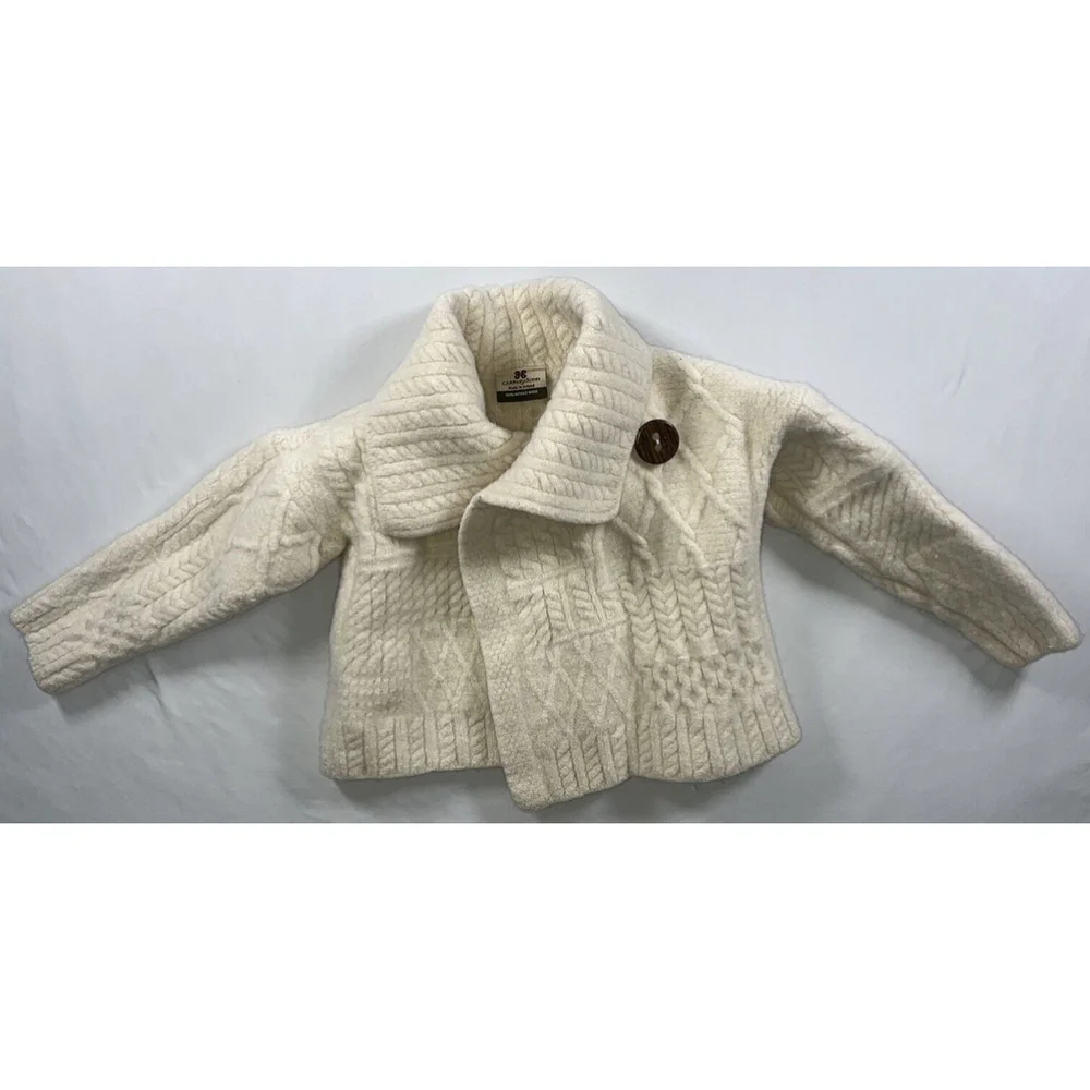 Carraig Donn Irish Wool Fisherman Cream Sweater Cardigan Kids Size M Cable Knit - Picture 10 of 10